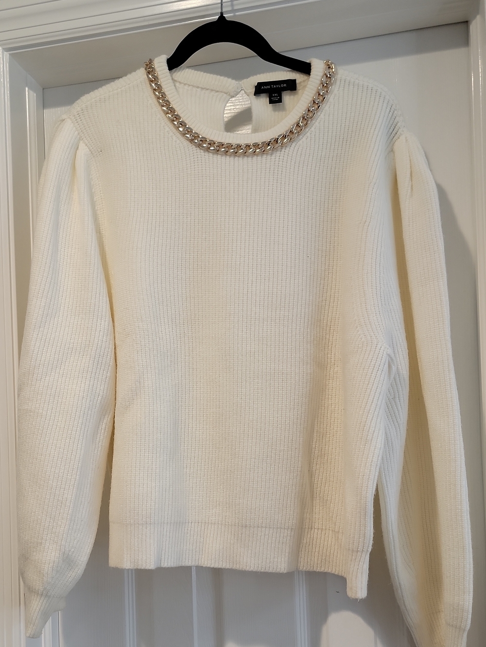 Ann Taylor Cream Crewneck Sweater with Gold Chain Trim